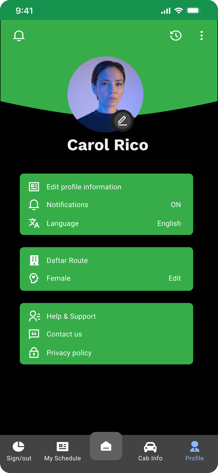 Commuter app profile and support screen