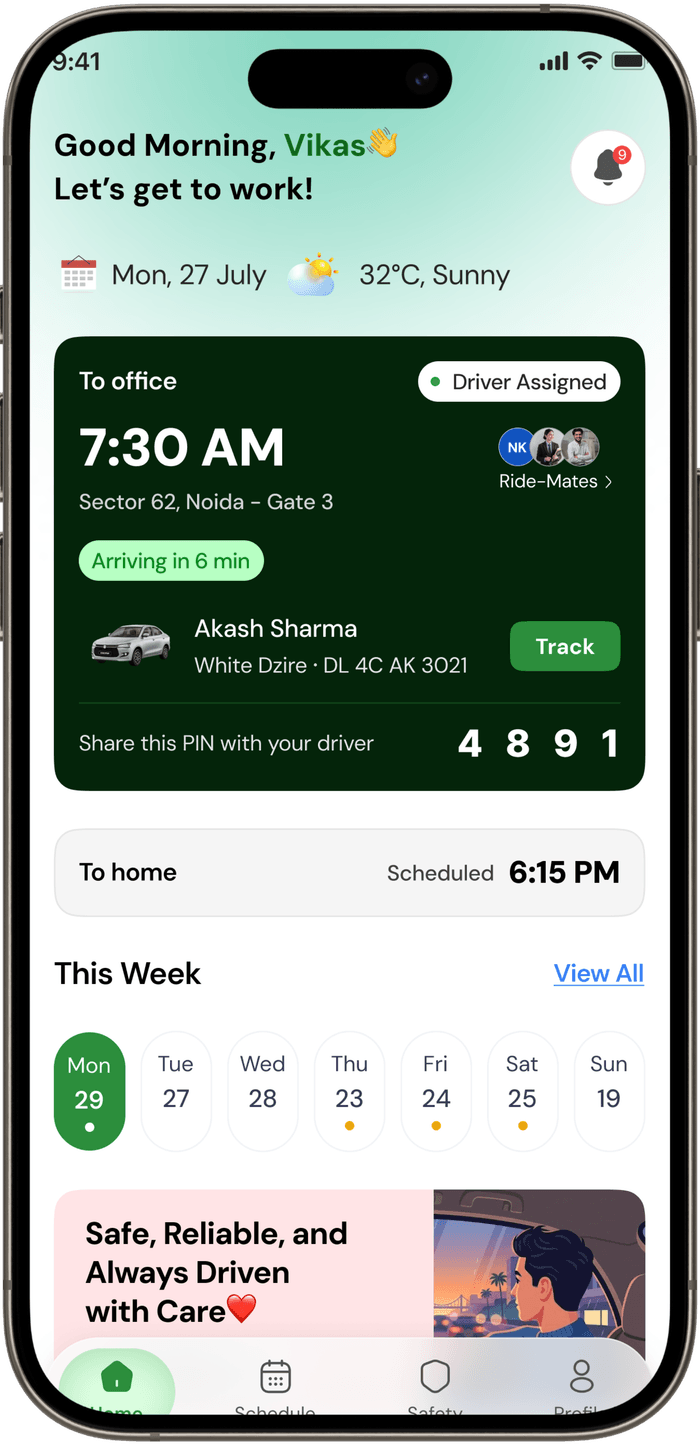 Commuter app home screen with today's ride status